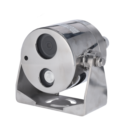 Câmara de vigilância metálica prateada com lente circular e suporte