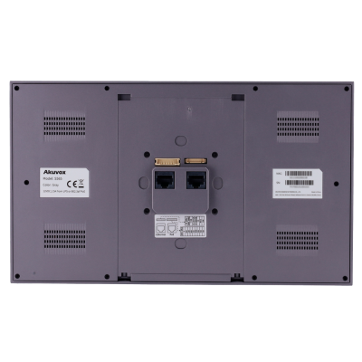 Telefone de rede Akuyvox cinza escuro visto de trás com portas e etiquetas