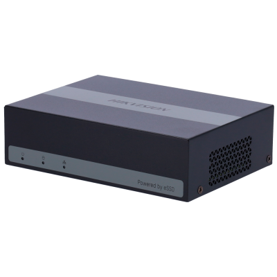 Dispositivo eletrónico preto e cinza HIKVISION com luzes LED e texto Powered by eSSD