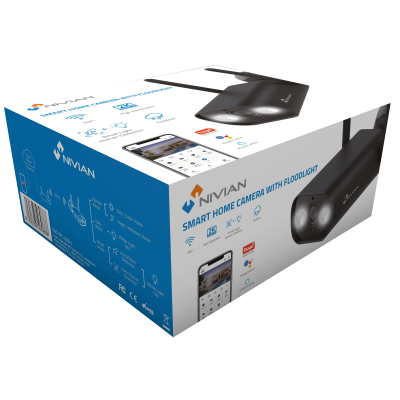 Embalagem de câmara de segurança inteligente Nivian preta com holofotes e ícones de funcionalidades