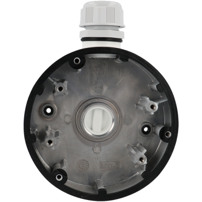 Peça circular de plástico cinza com tampão branco e texto MX1-2