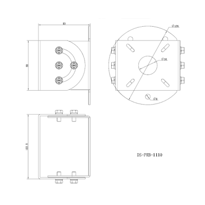 Desenho técnico de peça mecânica com medidas e parafusos.