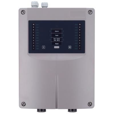 Painel de controlo eletrónico cinza com visor e texto de alarme