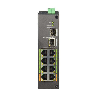 Interruptor de rede Ethernet industrial cinza escuro com oito portas RJ45