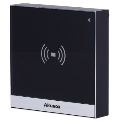 Leitor de cartão/tags RFID preto com símbolo Bluetooth e marca Akuvox na base