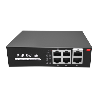 Interruptor PoE preto com 6 portas Ethernet