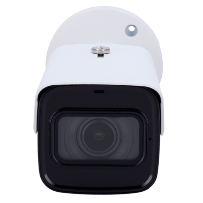 Câmara de vigilância branca com lente preta vista frontal