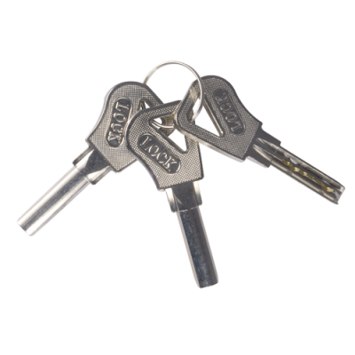 Três chaves de metal com texto 'LOCK' unidas por um anel