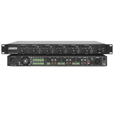 Amplificador de som DSPPA BA5050 preto com robós e conexões frontais e traseiras