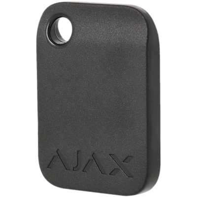 Chaveiro preto retangular com palavra AJAX em relevo