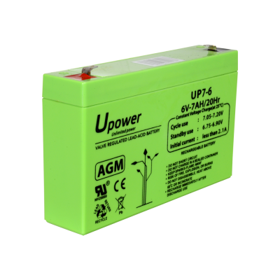Bateria recarregável verde Upower 6V 7AH com texto e símbolos de segurança