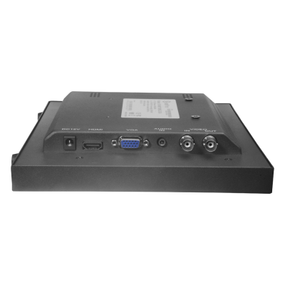 Traseira de monitor preto com múltiplas entradas e etiqueta