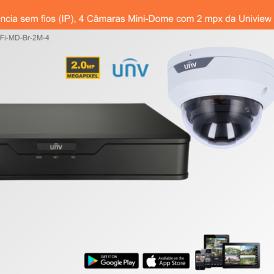 Sistema de Videovigilância sem fios com gravador digital preto e câmara mini-dome branca e preta Uniview