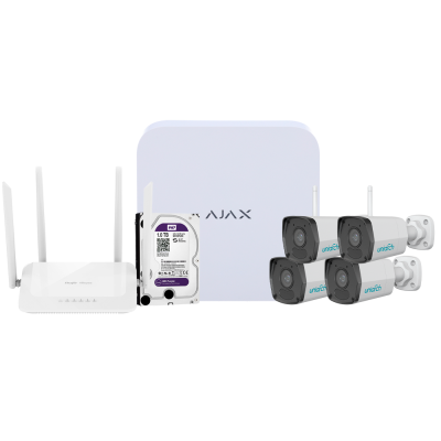 Equipamento de segurança com câmaras, disco rígido, unidade central AJAX e router