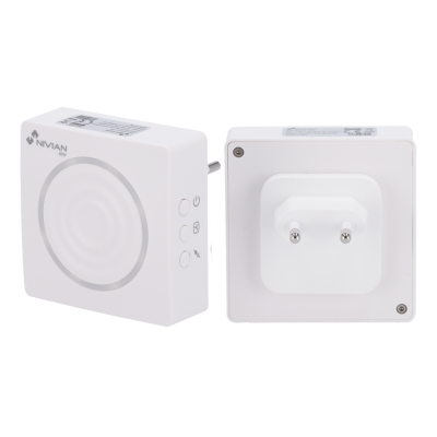 Dispositivo eletrónico branco quadrado com botões laterais e ficha de tomada