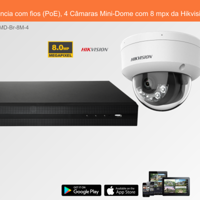 Sistema de Videovigilância com fios com gravador preto e câmara Mini-Dome branca