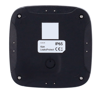 Sensor preto Ajax LeaksProtect com rótulo IP65 e botão