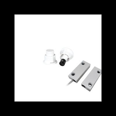 dois sensores magnéticos cinza e duas peças de plástico branco cilíndricas