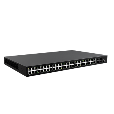 Switch de rede preto com 48 portas Ethernet