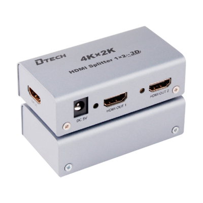 Spliter HDMI DTECH cinza com três portas HDMI e texto 4Kx2K HDMI Splitter 1x2-3D