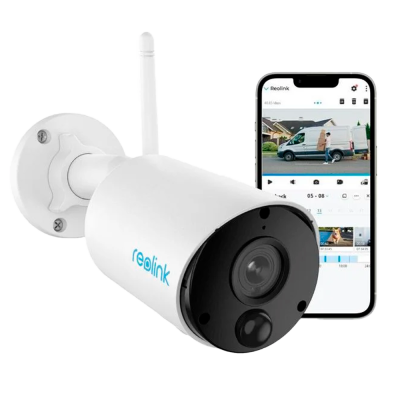 Câmara de segurança branca Reolink com base e smartphone mostram vigilância