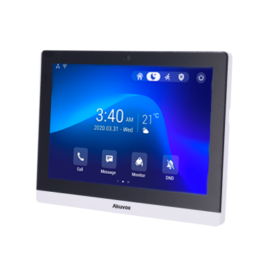 Ecrã digital Akuvox com interface azul mostrando hora, data e temperatura