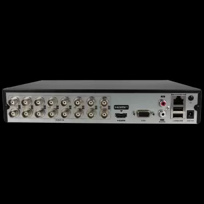 Dispositivo eletrónico com múltiplas entradas de vídeo, HDMI, VGA, áudio e portas LAN e USB.