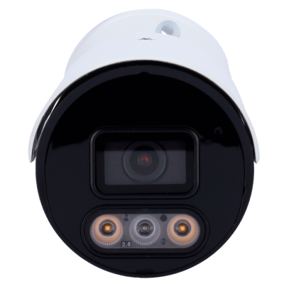 Câmara de segurança branca com lente preta e três LEDs