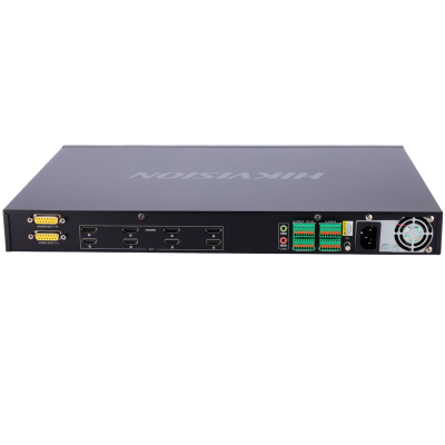 Dispositivo preto retangular HIKVISION com portas HDMI, áudio, alarme e ventilador na parte traseira