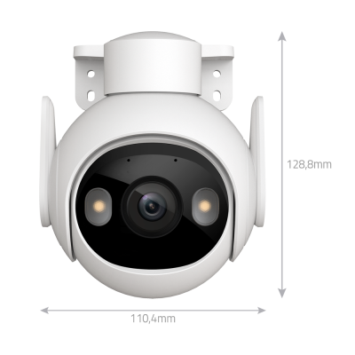 Câmara de vigilância branca de estrutura arredondada com lente e duas luzes.