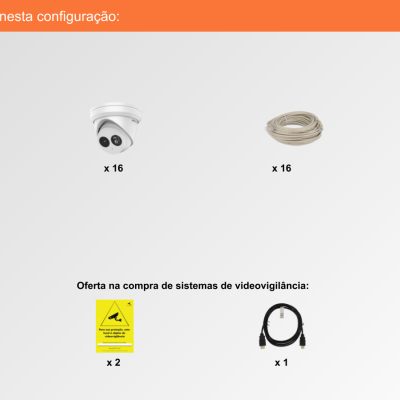 Componentes sistema videovigilância: caixa, câmaras, cabos, rato, placas aviso, website e logo loja CCTV em fundo branco