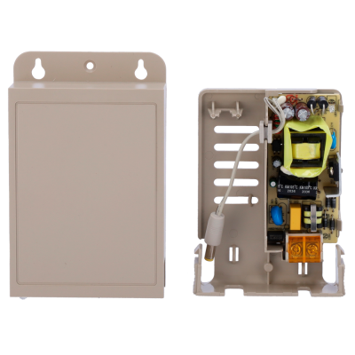 Caixa cinza para componente eletrónico com tampa e base aberta mostrando circuito interno