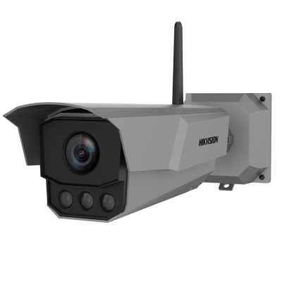 Câmara de segurança cinzenta com lente e antena preta