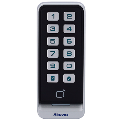 Teclado numérico Akuvox preto e prateado com botões brancos