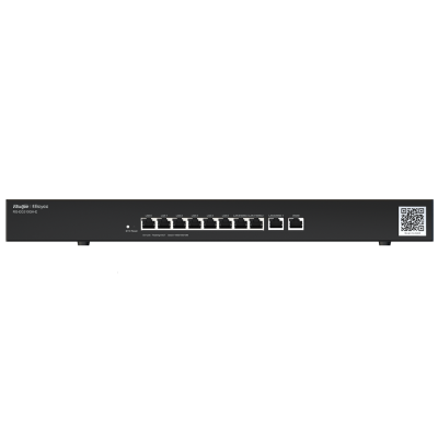 Switch de rede preto com 8 portas Ethernet e texto