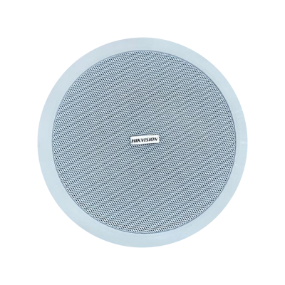 Coluna de som redonda embutida com grelha metálica cinza e logotipo HIKVISION