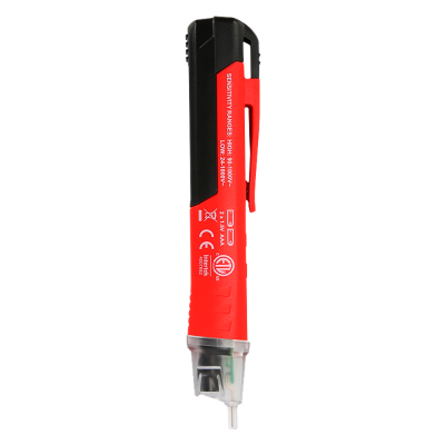 Detector de voltagem portátil vermelho e preto com texto em branco e ponta metálica fina