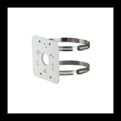Suporte de montagem branco com braçadeiras metálicas e placa quadrada perfurada