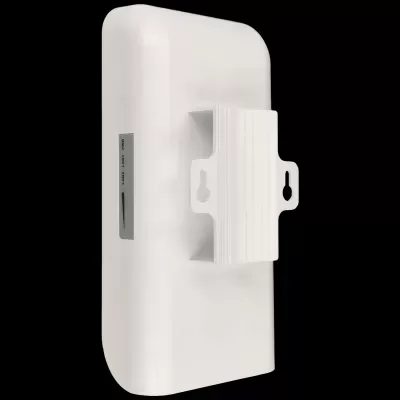Dispositivo eletrónico branco com suporte de fixação e indicadores LAN e PWR.