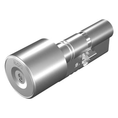 Cilindro de porta metálico prateado com gravação iLOQ.