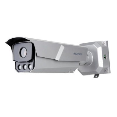 Câmara de segurança Hikvision metálica cinza com lente e suporte de fixação