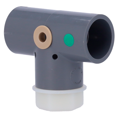 Conector em T para tubos PVC cinzento com anel bege e selo branco
