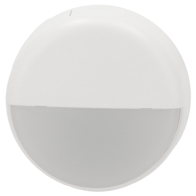 Medidor ou fita métrica redondo branco com tampa transparente e botão.