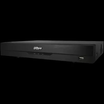 Gravador digital preto da marca Dahua Technology com indicadores e porta USB frontal.