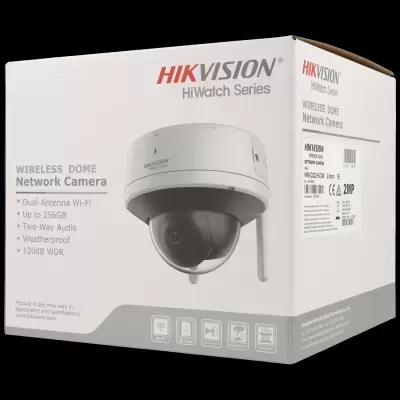 Caixa de câmara de rede domo wireless Hikvision branca com texto das especificações