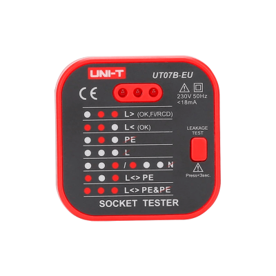 Testador de tomadas elétricas UNI-T UT07B-EU com botões e indicações técnicas