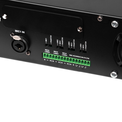 Parte traseira de equipamento áudio com entradas MIC e conectores verdes