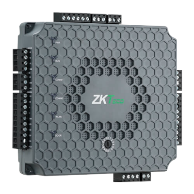 Dispositivo eletrónico cinzento com padrão hexagonal e texto ZKTeco no centro