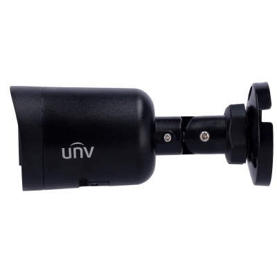 Câmara de segurança preta UNV com suporte ajustável sobre fundo branco