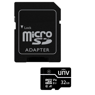 Cartão microSD preto UNV 32GB e adaptador microSD preto com texto branco